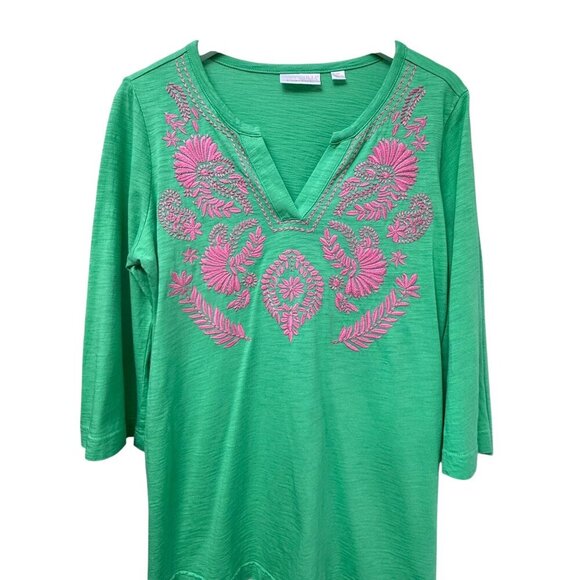 Kim Gravel Bellisima Top Medium Petite Green Pink Embroidery 3/4 Sleeve Tee - Picture 3 of 10